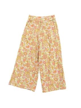 Ghanda Cindy Pants Size 8 Linen Blend Floral 70s High Rise Wide Leg Ankle